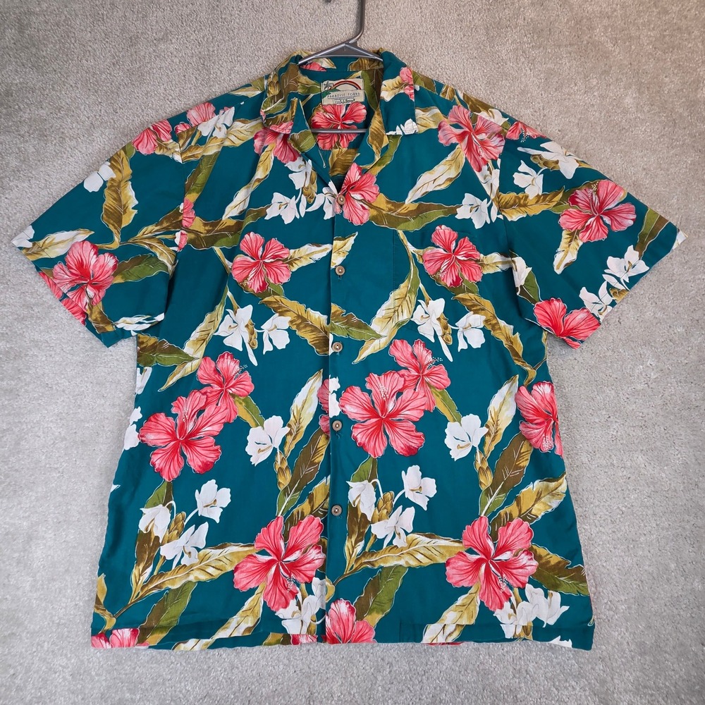 Vtg Paradise Found for LL Bean Mens Hawaiian Shirt Teal Floral Hibiscus XL Large